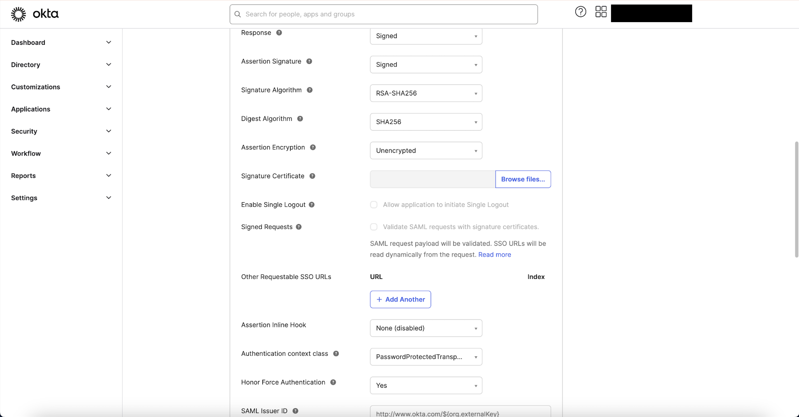 Advanced SAML Settings